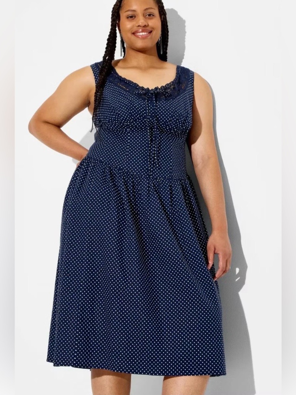 wild Fable Navy Polka Dot Sleeveless Midi Dress with Scoop Neck